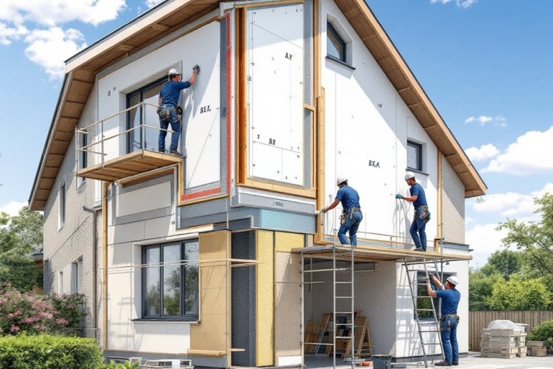 Ein Einfamilienhaus wird energetisch saniert. Arbeiter auf einem Fassadenger&uuml;st montieren neue Fenster und W&auml;rmed&auml;mmung