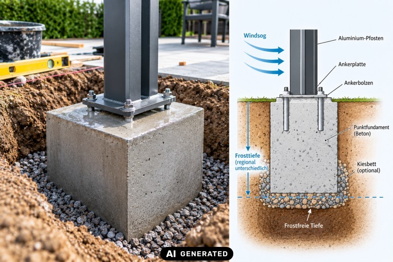 Fundament f&uuml;r das Lamellendach: Frostfrei gr&uuml;nden, Windsog ber&uuml;cksichtigen