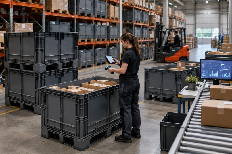 Eine Palettenbox ist ein gro&szlig;volumiger Lager- und Transportbeh&auml;lter, der auf den Abmessungen standardisierter Paletten basiert.
