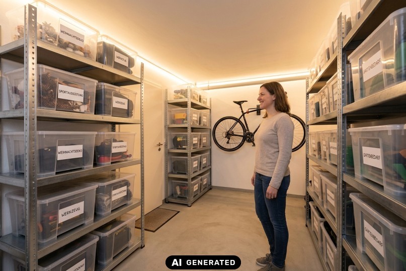 Keller optimal organisieren: Aufger&auml;umter Kellerraum mit Schwerlastregalen und Boxen