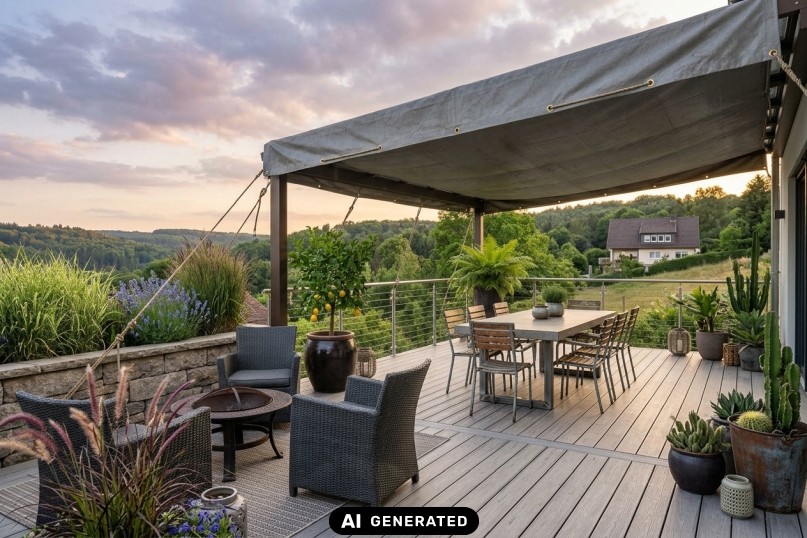 Terrassenplane - Wetterschutz nach Ma&szlig;: Ma&szlig;gefertigte Terrassenplanen als flexible Schutzl&ouml;sung